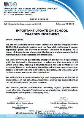 UNILORIN SUG ISSUE UPDATE ON SCHOOL FEES INCREMENT