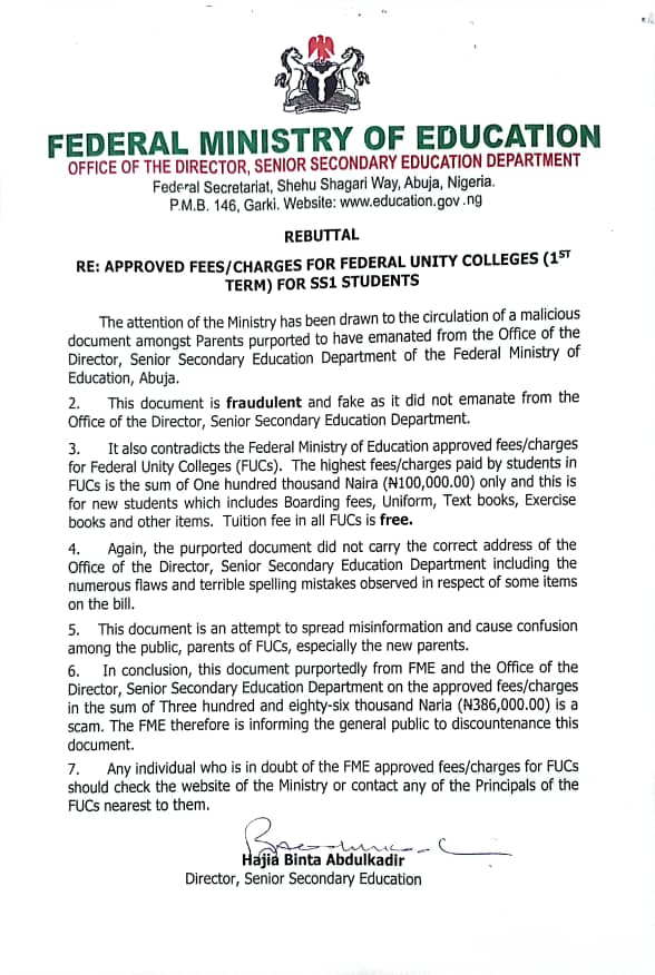 REBUTTAL… RE:- APPROVED FEES/CHARGES FOR FEDERAL UNITY COLLEGE(1ST TERM) FOR SS1 STUDENTS
