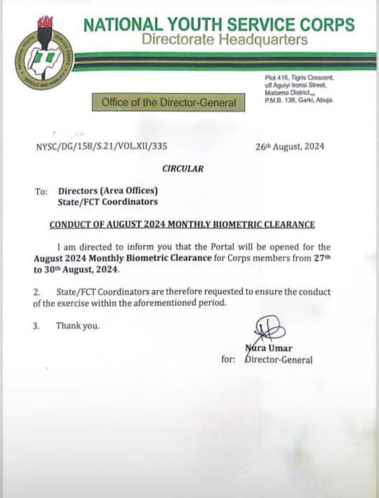NYSC CIRCULAR RELEASED FOR 2024 AUGUST MONTHLY BIOMETRIC CLEARANCE