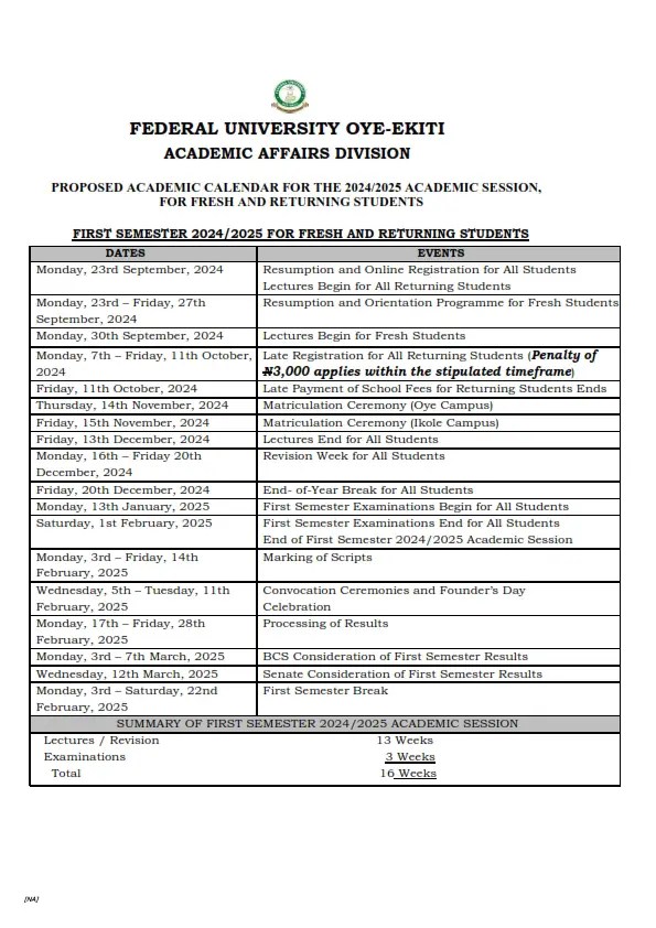 FUOYE RELEASES ACADEMIC CALENDAR FOR 2024/2025 ACADEMIC SESSION