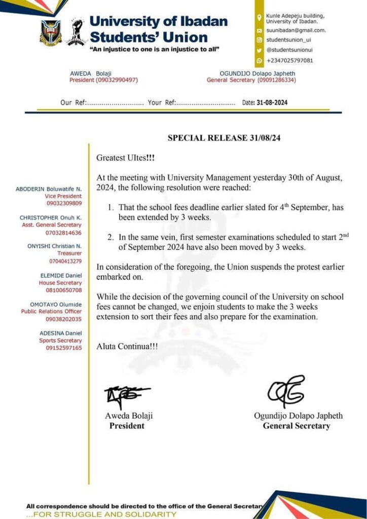UNIVERSITY OF IBADAN SUG PRESS RELEASE