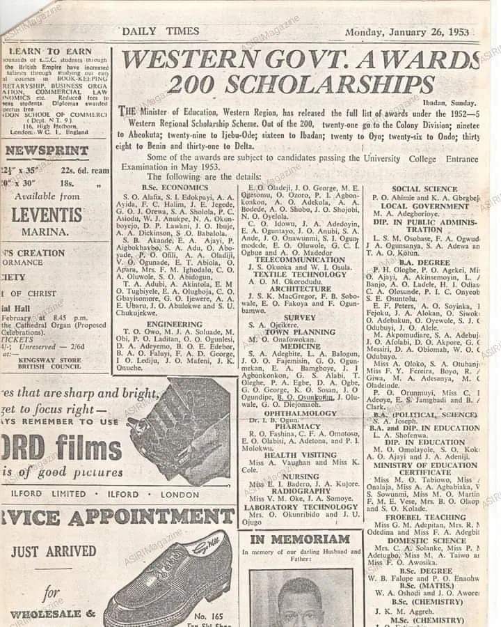 Western Region Government Awards 200 Scholarships, 1952-56