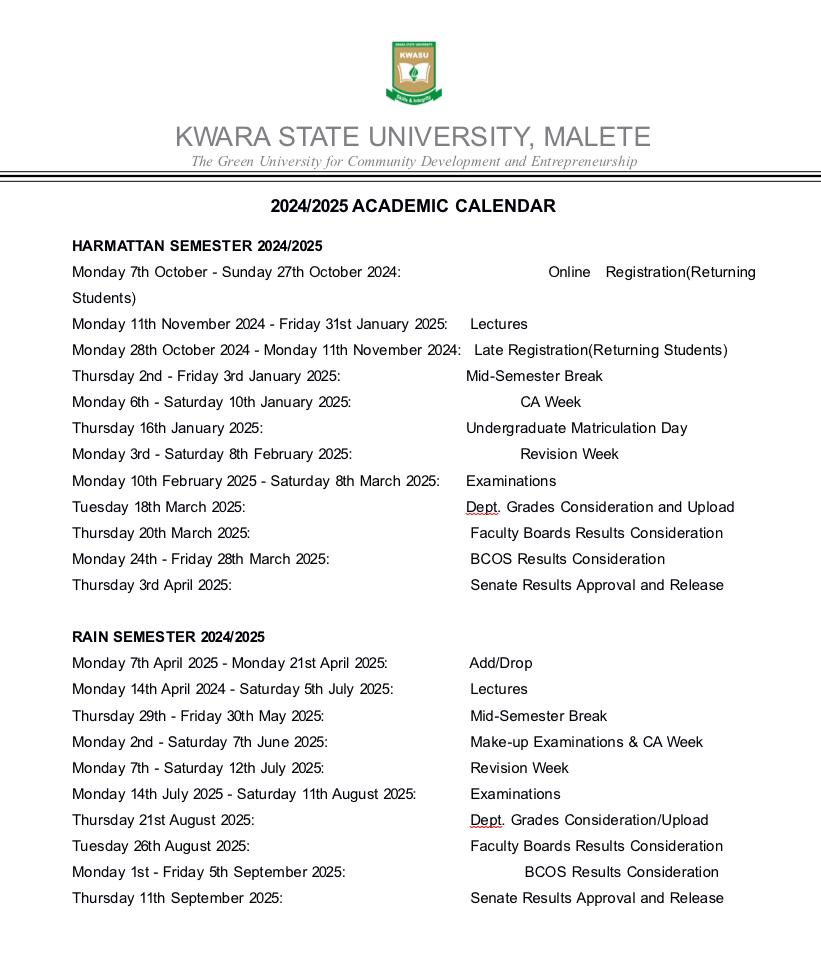 KWASU RELEASE 2024/2025 ACADEMIC CALENDAR