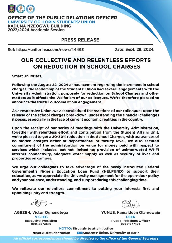 OUR COLLECTIVE AND RELENTLESS EFFORTS ON REDUCTION IN SCHOOL CHARGES-SUG UNILORIN