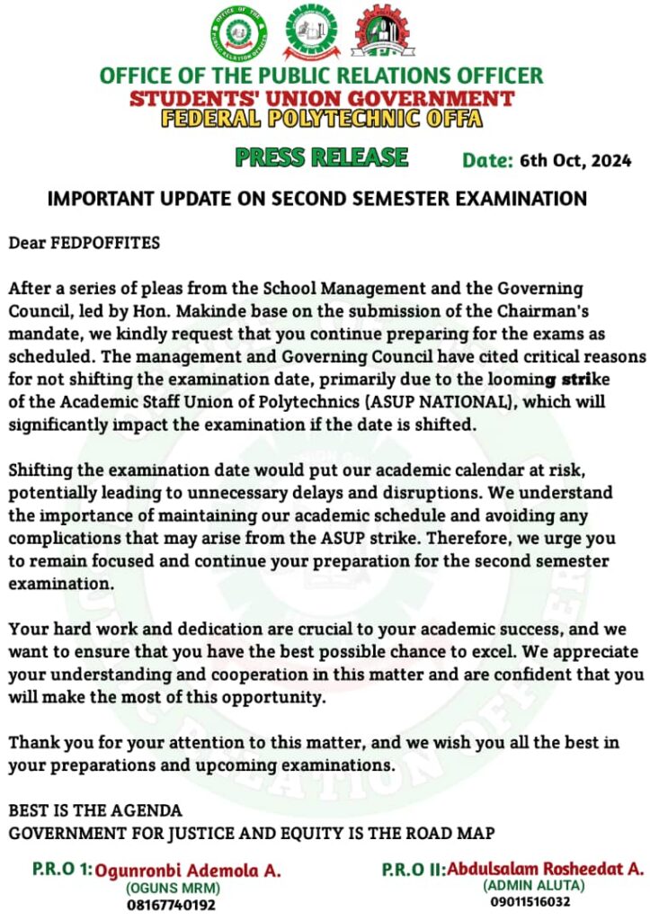 IMPORTANT UPDATE ON SECOND SEMESTER EXAMINATION-SUG FEDPOFFA