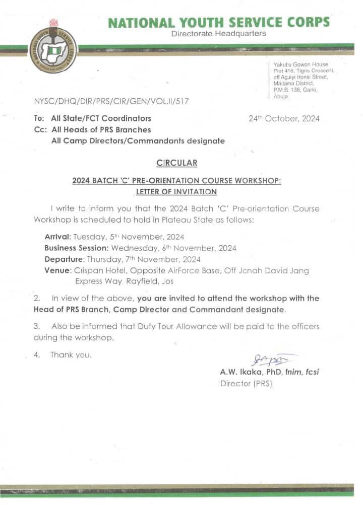 2024 BATCH C PRE-ORIENTATION COURSE WORKSHOP-NYSC