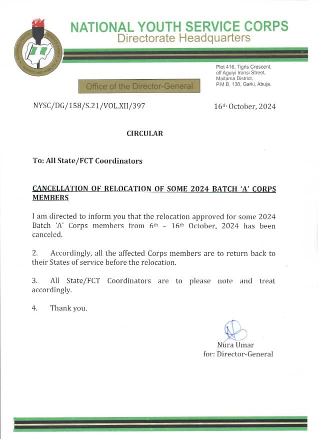 CANCELLATION OF RELOCATION OF SOME BATCH