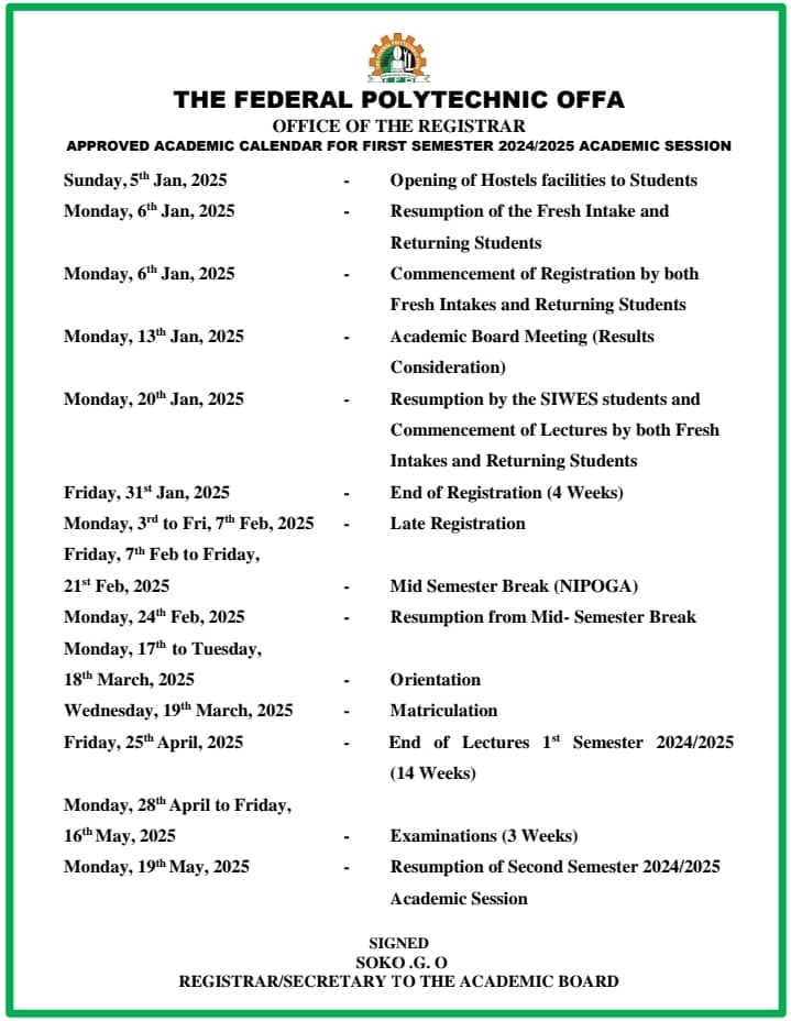 FEDERAL POLYTECHNIC OFFA APPROVED ACADEMIC CALENDAR FOR 2024/2025 ACADEMIC SESSION
