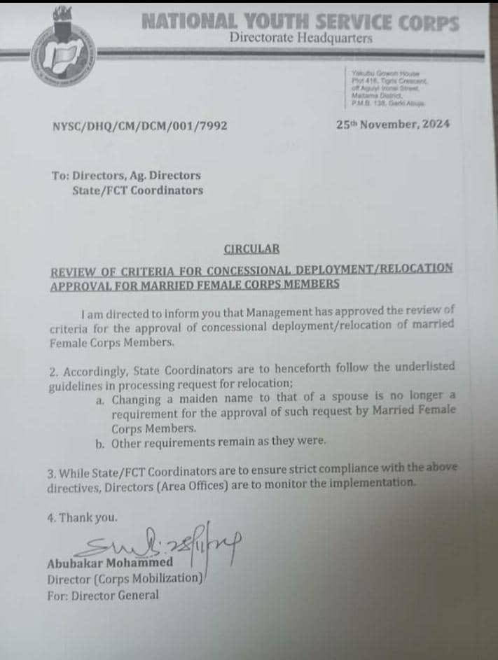 CONCESSIONAL DEPLOYMENT/RELOCATION APPROVAL FOR MARRIED FEMALE CORPS MEMBERS-NYSC