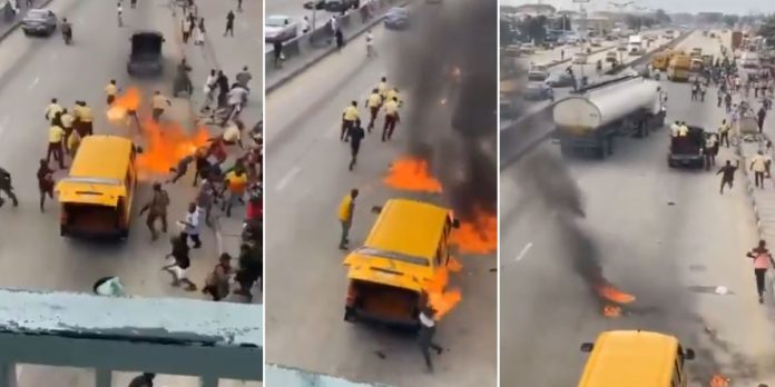 Driver set himself and LASTMA officers ablaze in Lagos to evade arrest over traffic offence(Video)