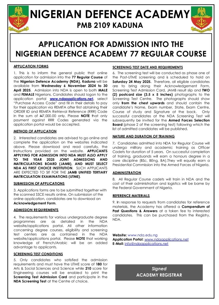 NIGERIAN DEFENCE ACADEMY KADUNA RELEASES 2025/2026 APPLICATION FORM FOR ADMISSION INTO THE 77 REGULAR COURSE