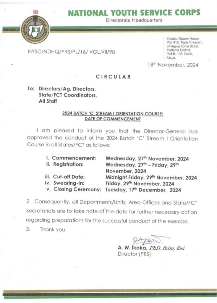 NYSC BATCH C STREAM I ORIENTATION COURSE COMMENCEMENT DATE