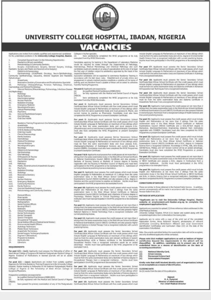 RECRUITMENT: UCH IBADAN ANNOUNCES JOB OPPORTUNITIES FOR MEDICAL GRADUATE’S