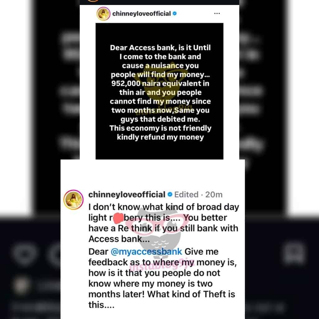 Chinney Love calls out Access Bank over missing N1 million