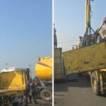 Driver escapes death as 40ft container falls on car in Lagos (Video)