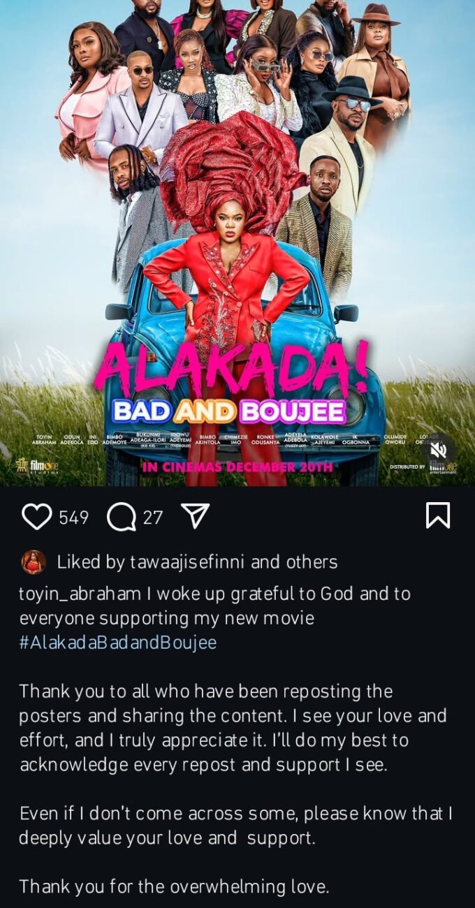 Toyin Abraham pens appreciation post over support for Bhad and Boujee movie