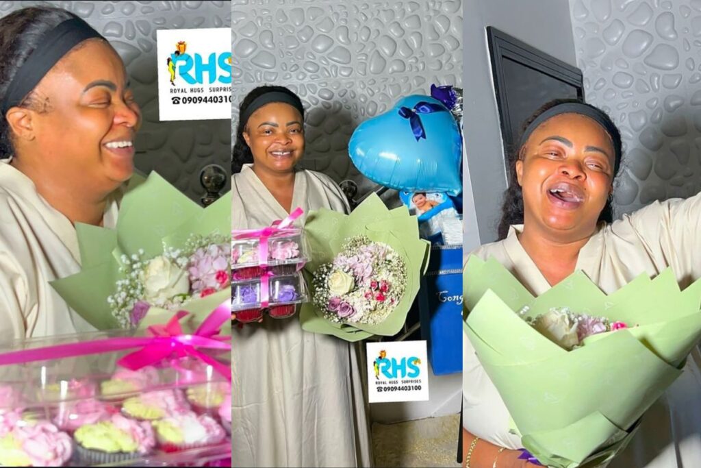 “I feel so honored” – Dayo Amusa shed tears as she receives surprise gifts, weeks after welcoming her first child (Video)