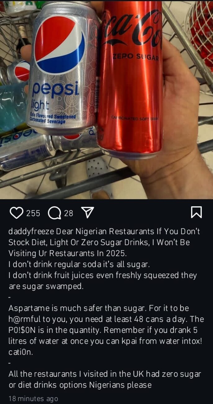 Daddy Freeze sends message to Nigerian restaurants