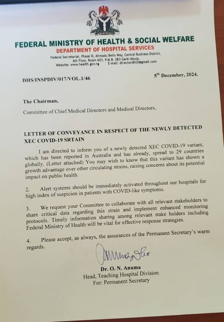 LETTER OF CONVEYANCE IN RESPECT OF THE NEWLY DETECTED XEC COVID-19 SRTAIN-FEDERAL MINISTRY OF HEALTH