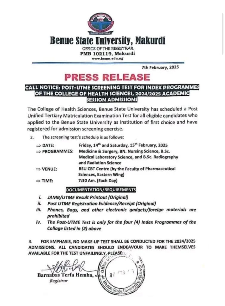 Benue State University, Makurdi Rosters 2024/2025 Post Utme Screening Exercise For The College Of Health Sciences