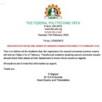 SUMMER EXAMINATION REGISTRATION FOR SECOND SEMESTER-FEDOFFA
