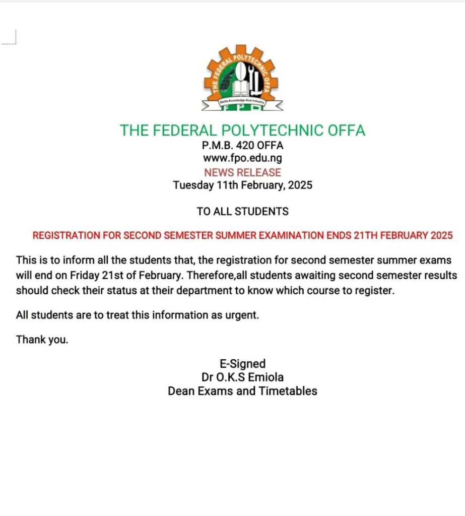 SUMMER EXAMINATION REGISTRATION FOR SECOND SEMESTER-FEDOFFA