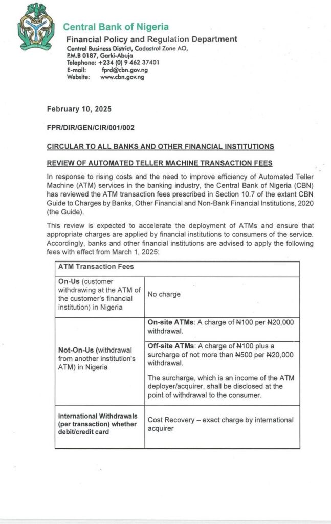 NEW CBN CIRCULAR ON ATM WITHDRAWAL CHARGES