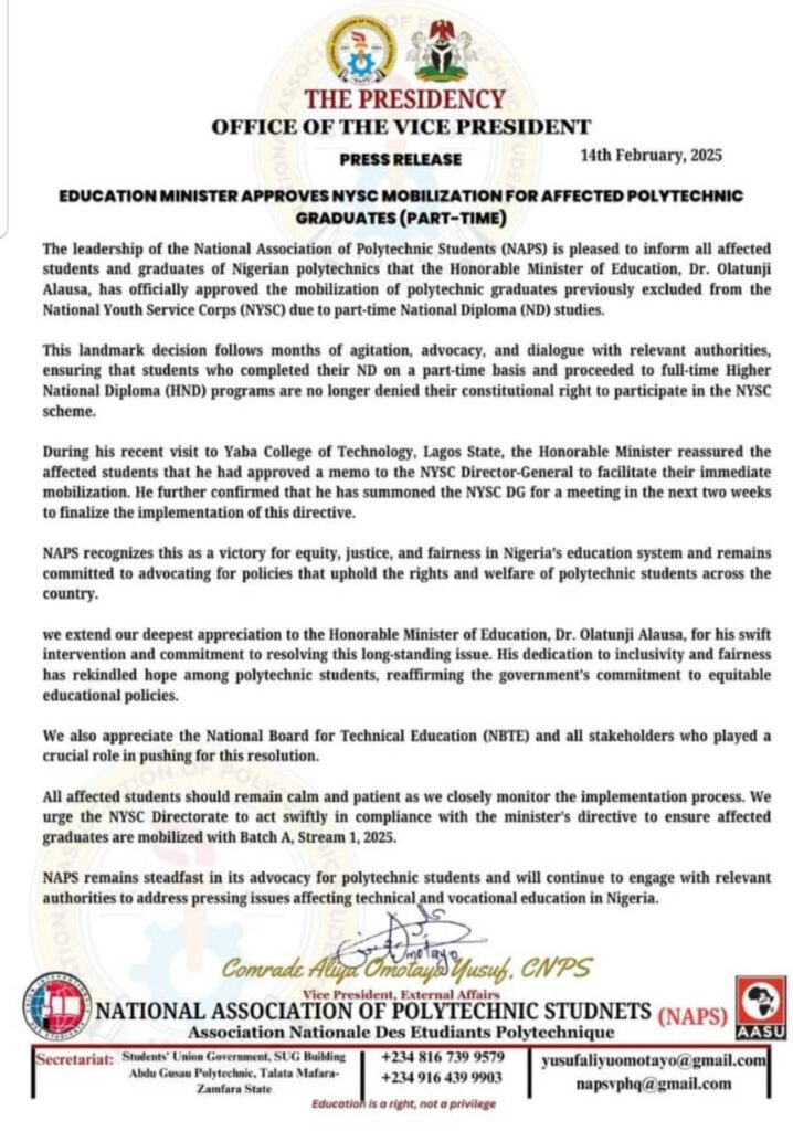 EDUCATION MINISTER APPROVED NYSC MOBILIZATION FOR AFFECTED POLYTECHNIC GRADUATE (PART TIME)