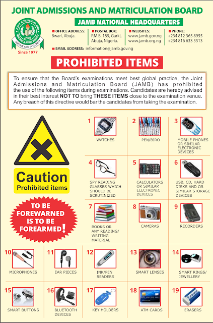 JAMB’s list of prohibited items in the exam hall and instructions on biometric verification