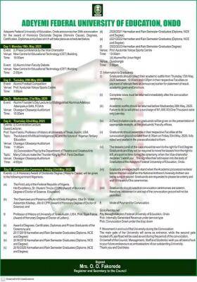 Adeyemi Federal University of Education schedule of events for 35th Convocation Ceremony