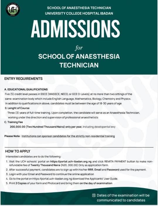 UCH, Ibadan School of Anesthesia Technician admission form, 2024/2025