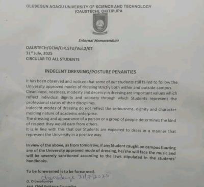 OAUSTECH warns against indecent dressing within the campus