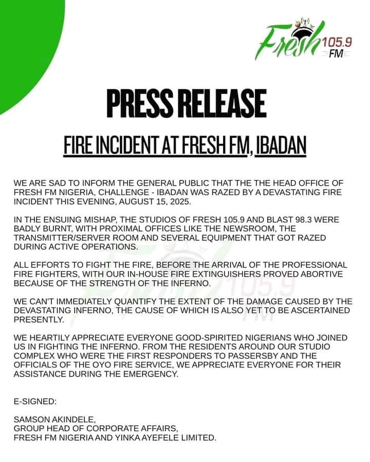 FIRE INCIDENT AT FRESH FM,IBADAN