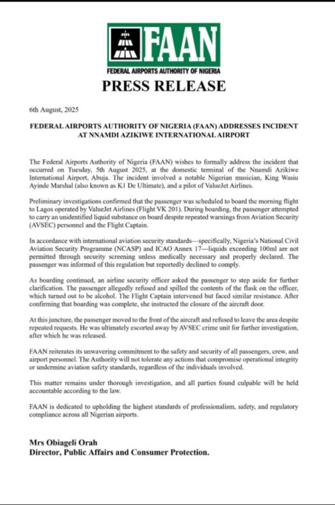 FEDERAL AIRPORTS AUTHORITY OF NIGERIA (FAAN) ADDRESSES INCIDENT AT NNAMDI AZIKIWE INTERNATIONAL AIRPORT