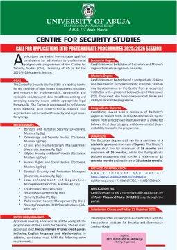 UNIABUJA Centre for Security Studies (CSS), Postgraduate admission, 2025/2026